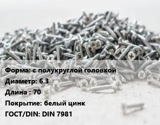 Шуруп с полукруглой головкой 6.3х70 белый цинк ГОСТ: DIN 7981